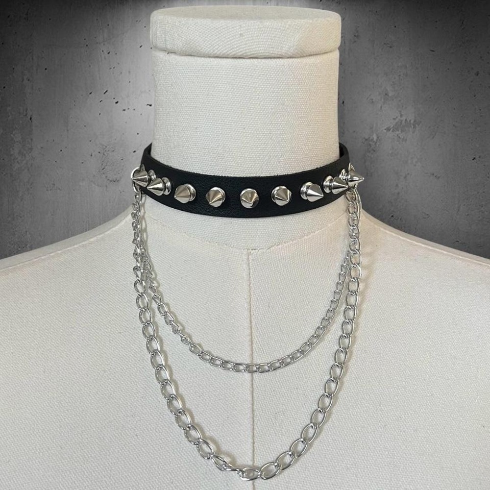 Gothic Rivet Spiked Double Chain Choker Black PU Leather Punk Collar Necklace
